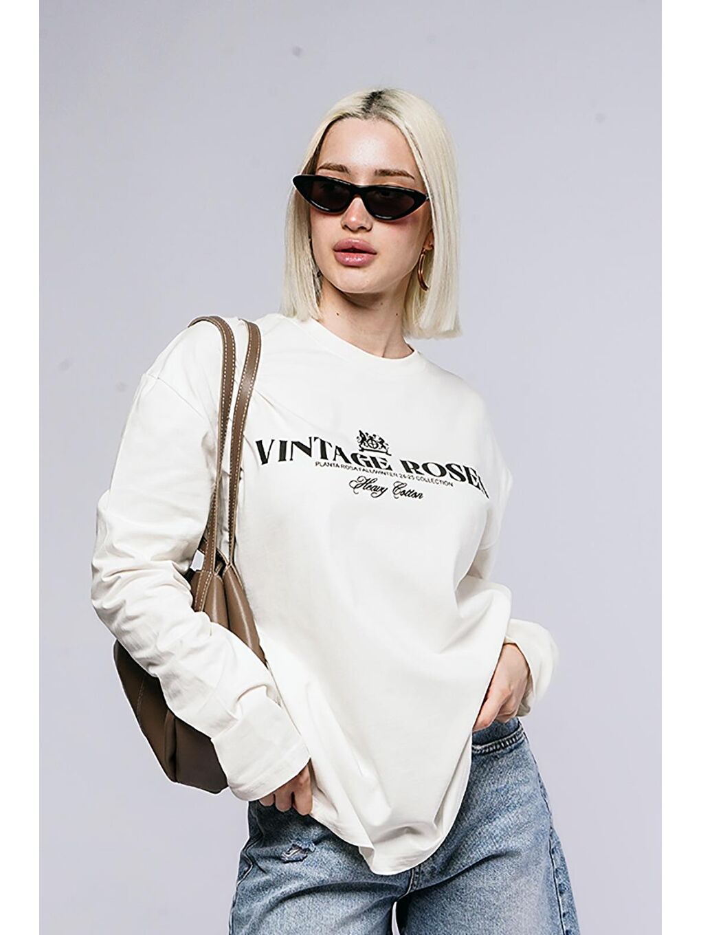 Beyaz %100 Pamuklu Baskılı Uzun Kollu Tişört Mg2451-1