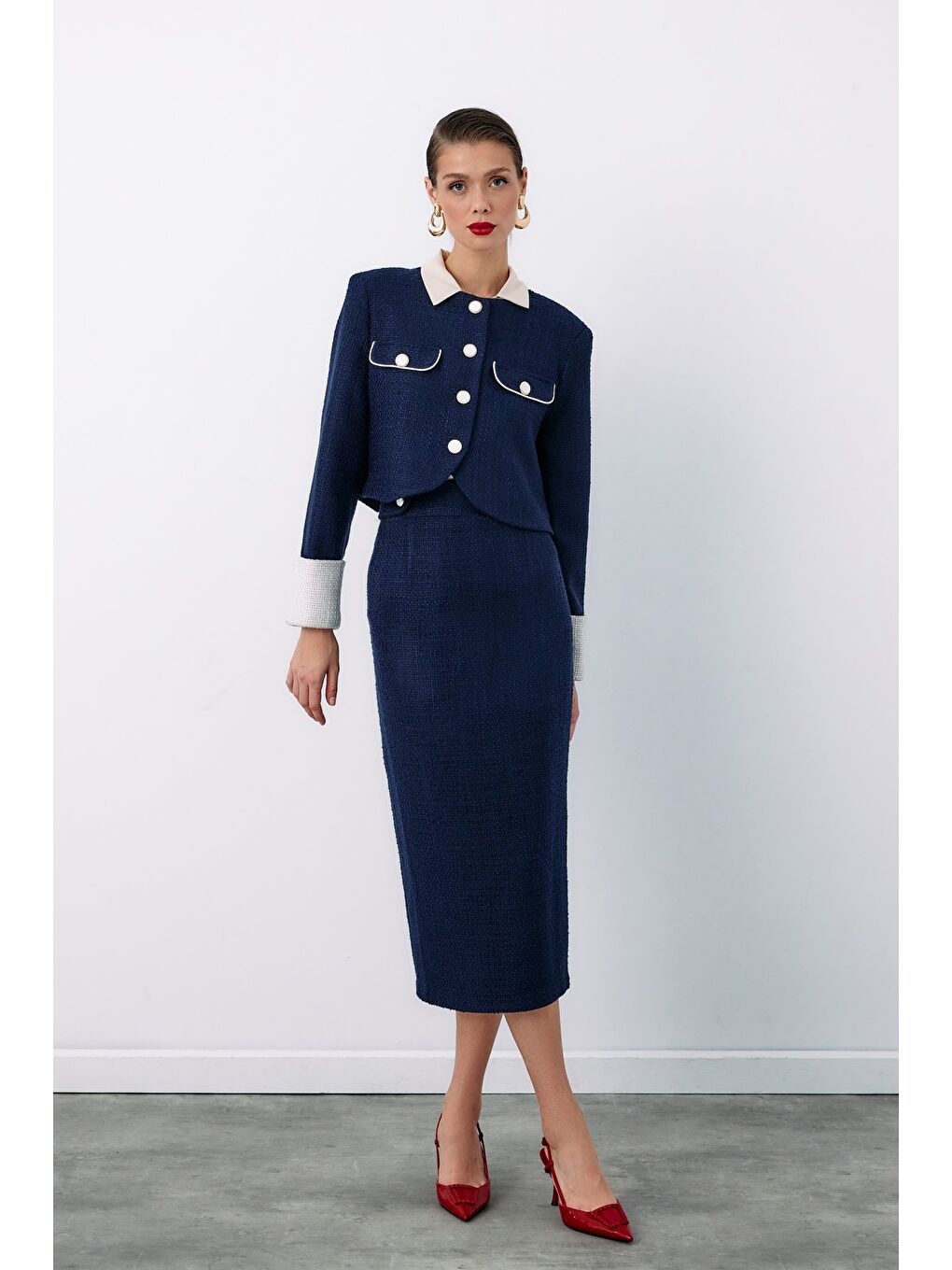 Süs Düğmeli Tüvit Kalem Etek - Lacivert