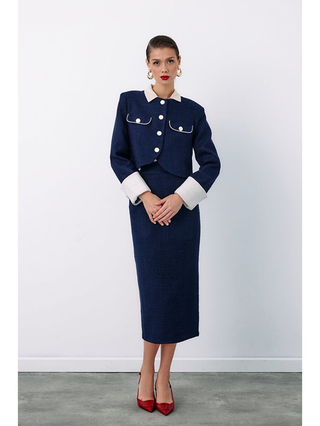 Süs Düğmeli Tüvit Kalem Etek - Lacivert-1