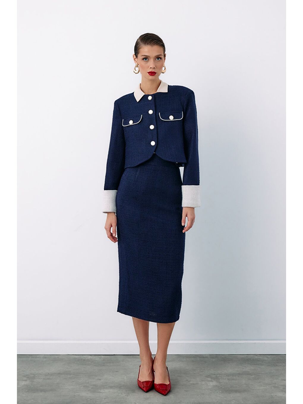 Süs Düğmeli Tüvit Kalem Etek - Lacivert-2