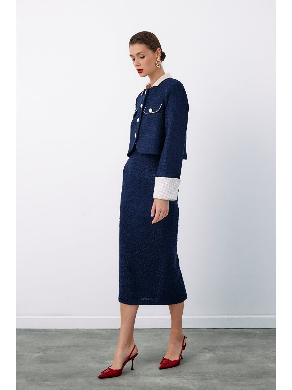 Süs Düğmeli Tüvit Kalem Etek - Lacivert-3