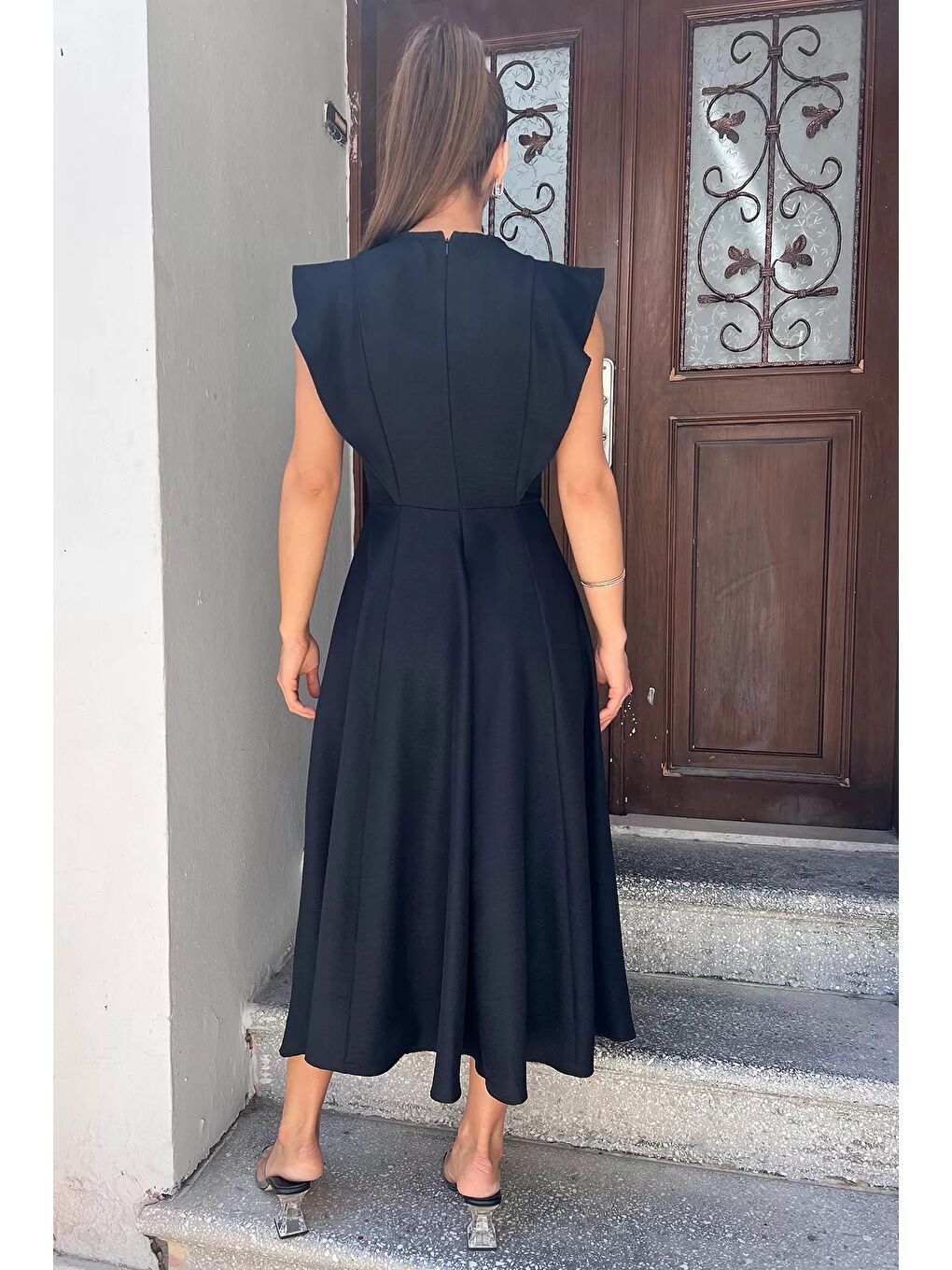 Siyah Gül Detaylı Kadın Elbise-7