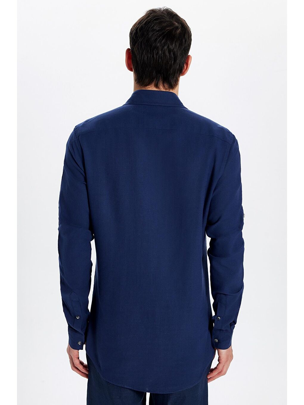 Erkek Slim Fit Dar Kesim %100 Pamuk Keten Doku Çift Cep Spor Yaka Lacivert Gömlek-4
