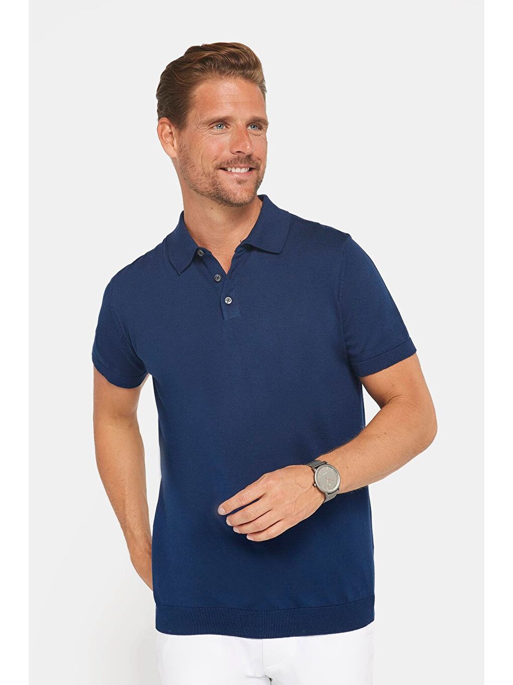 Erkek Polo Yaka Slim Fit Örme Triko Pamuklu Lacivert Tişört