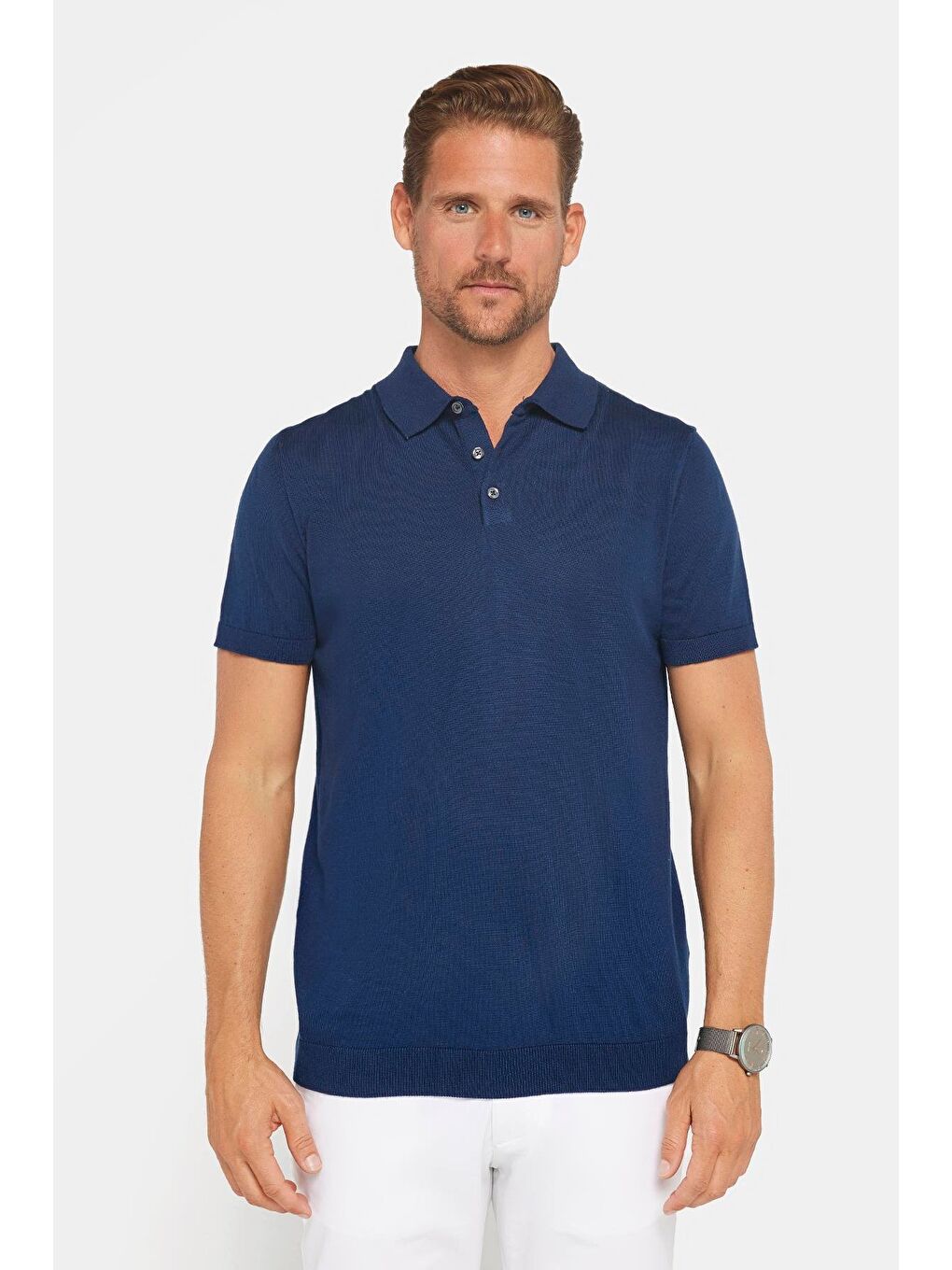 Erkek Polo Yaka Slim Fit Örme Triko Pamuklu Lacivert Tişört-1