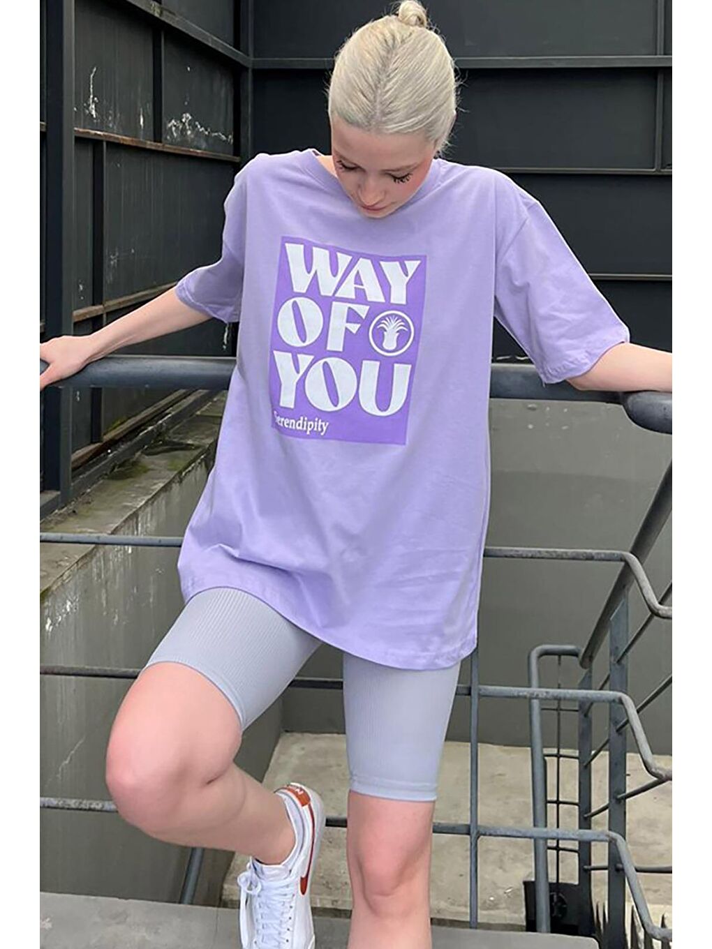 Lila Baskılı Bisiklet Yaka Overfit Tişört-1