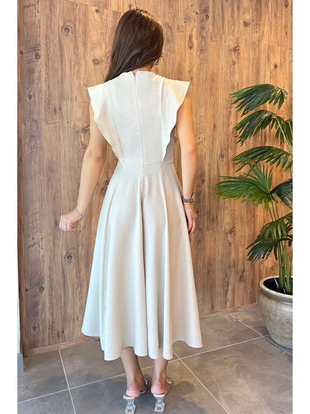 Bej Gül Detaylı Kadın Elbise-7