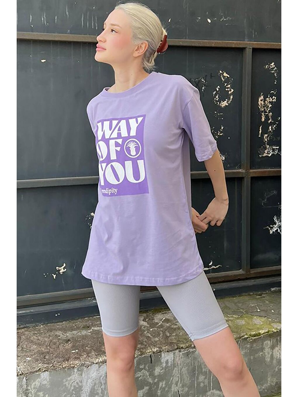 Lila Baskılı Bisiklet Yaka Overfit Tişört-2
