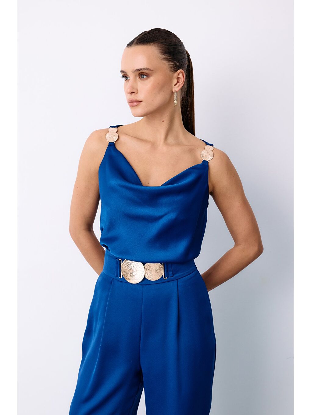 Salaş Krep Saten Pantolon - Sax Mavi-3