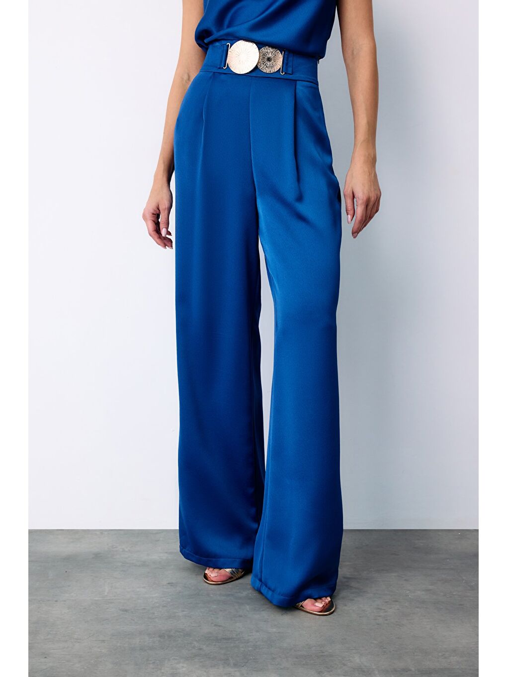 Salaş Krep Saten Pantolon - Sax Mavi-5
