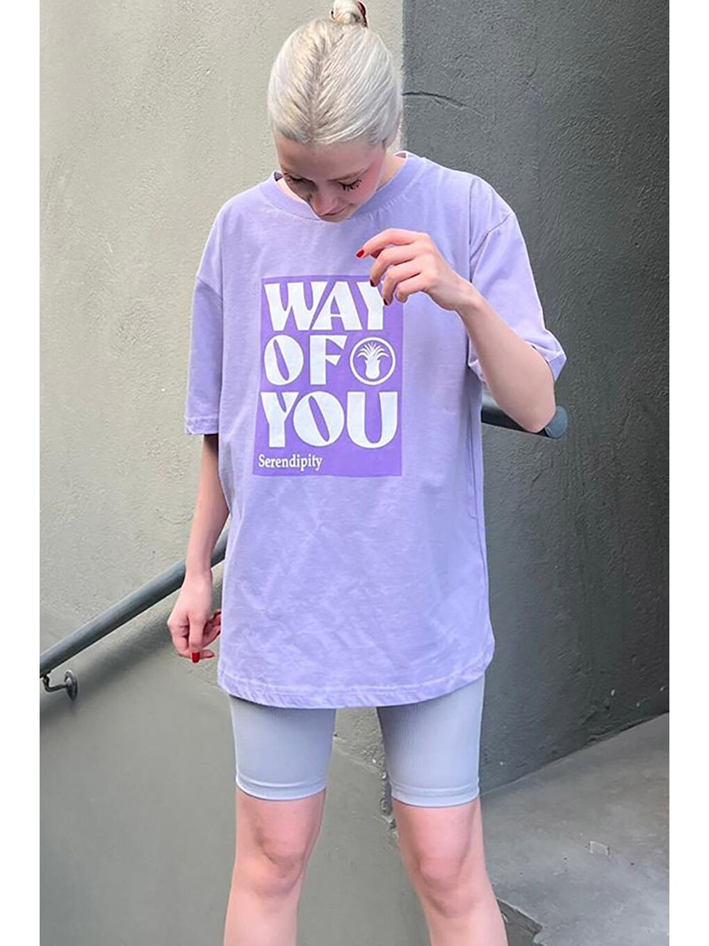 Lila Baskılı Bisiklet Yaka Overfit Tişört-3