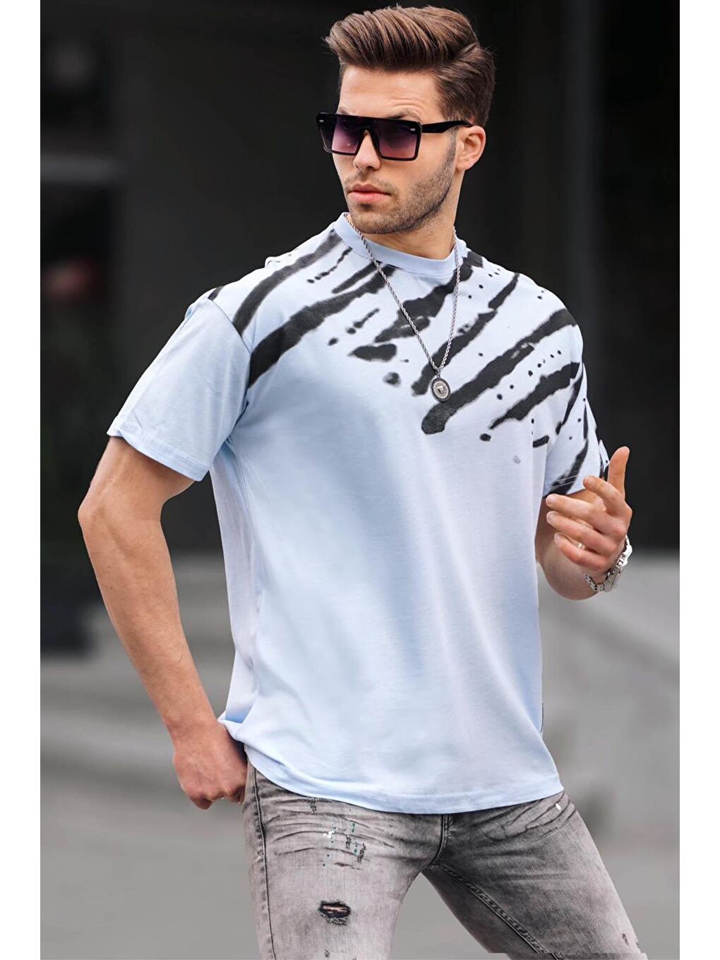 Mavi Desenli Over Fit Erkek %100 Pamuk Tişört 6116