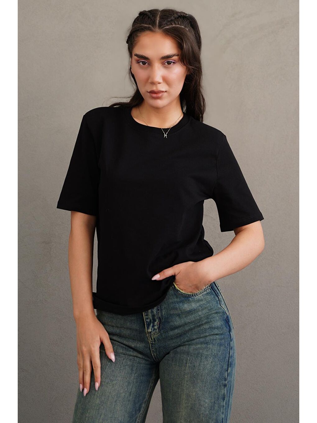 Siyah %100 Pamuk Vatkalı Oversize Kadın T-Shirt Mg2442-6