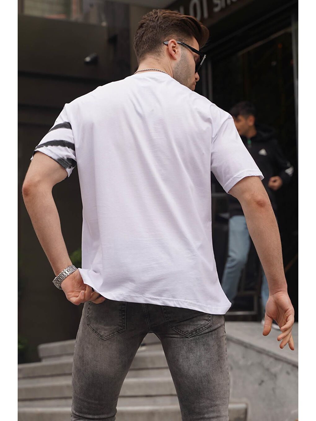 Beyaz Desenli Over Fit Erkek %100 Pamuk Tişört 6116-1