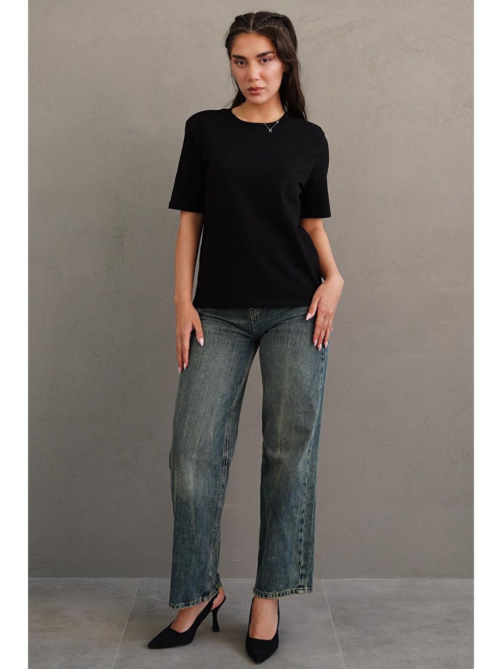 Siyah %100 Pamuk Vatkalı Oversize Kadın T-Shirt Mg2442-7