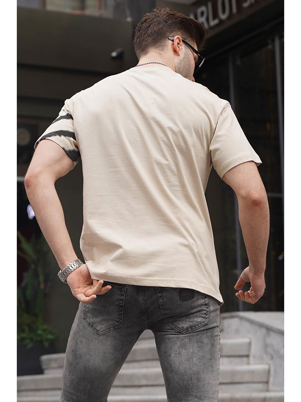 Bej Desenli Over Fit Erkek %100 Pamuk Tişört 6116-1