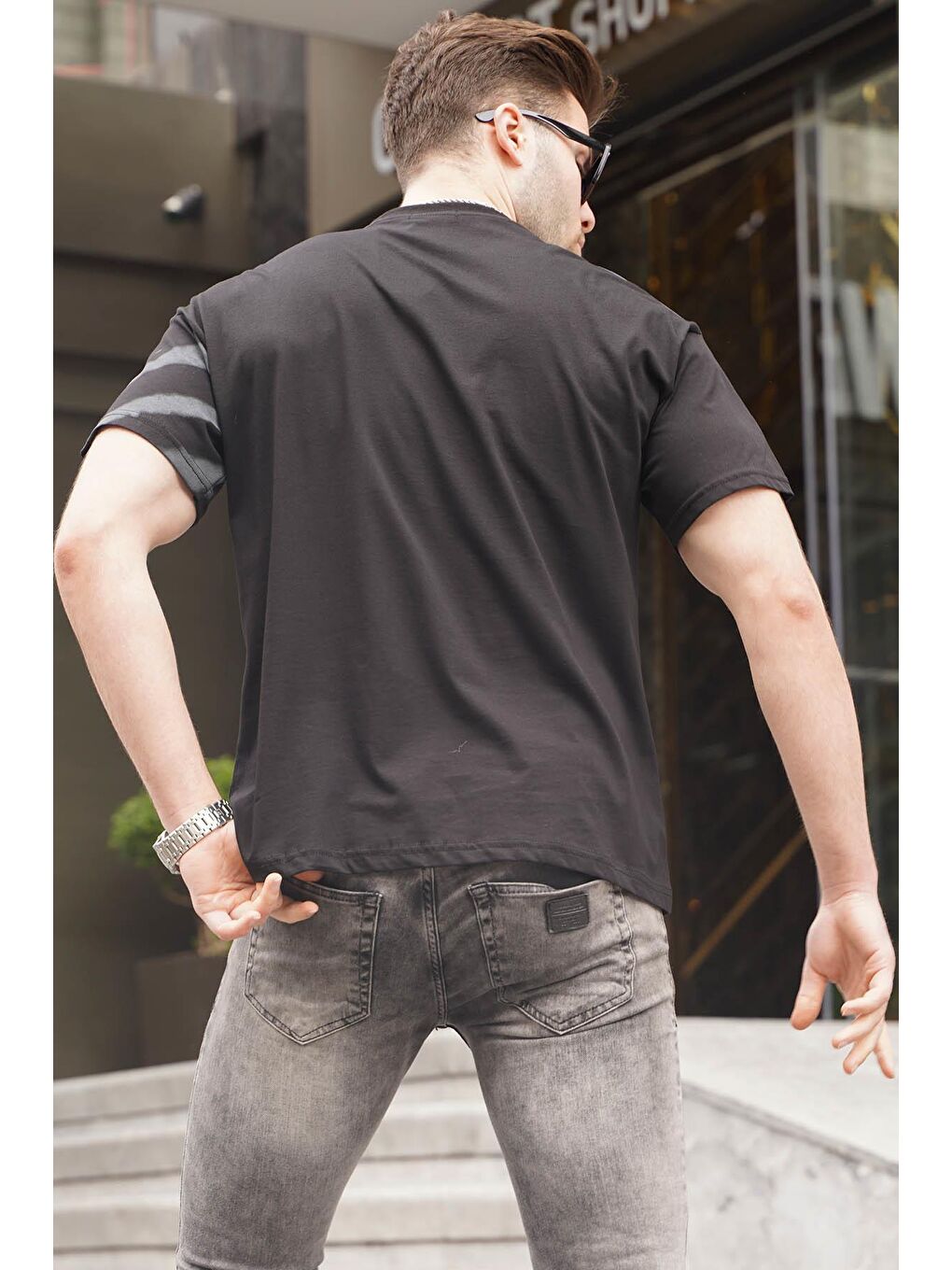 Siyah Desenli Over Fit Erkek %100 Pamuk Tişört 6116-1