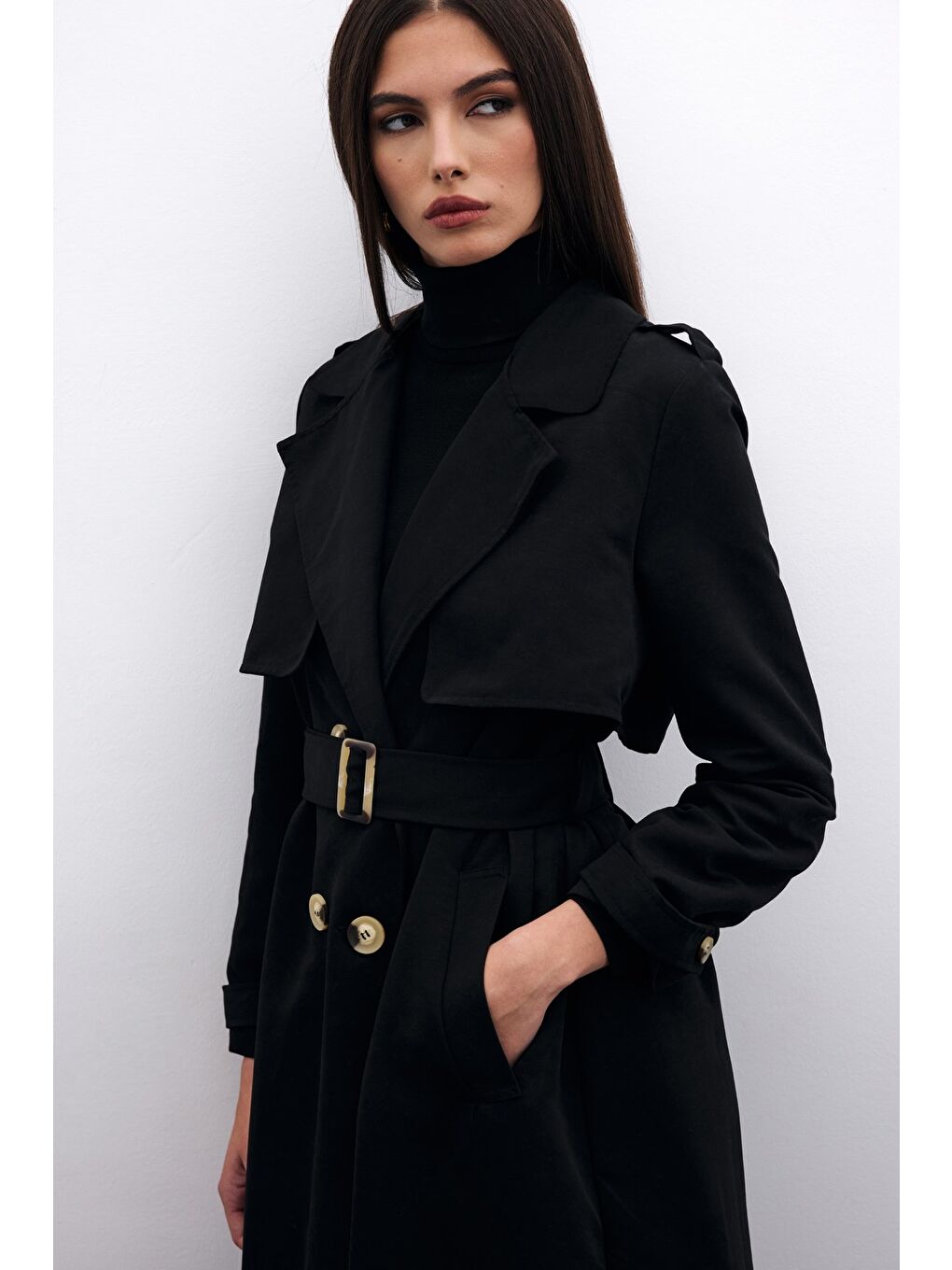 Kemerli Uzun Trençkot - Siyah-2