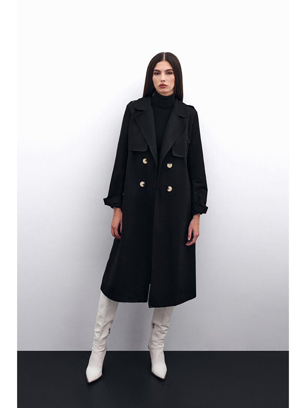 Kemerli Uzun Trençkot - Siyah-3