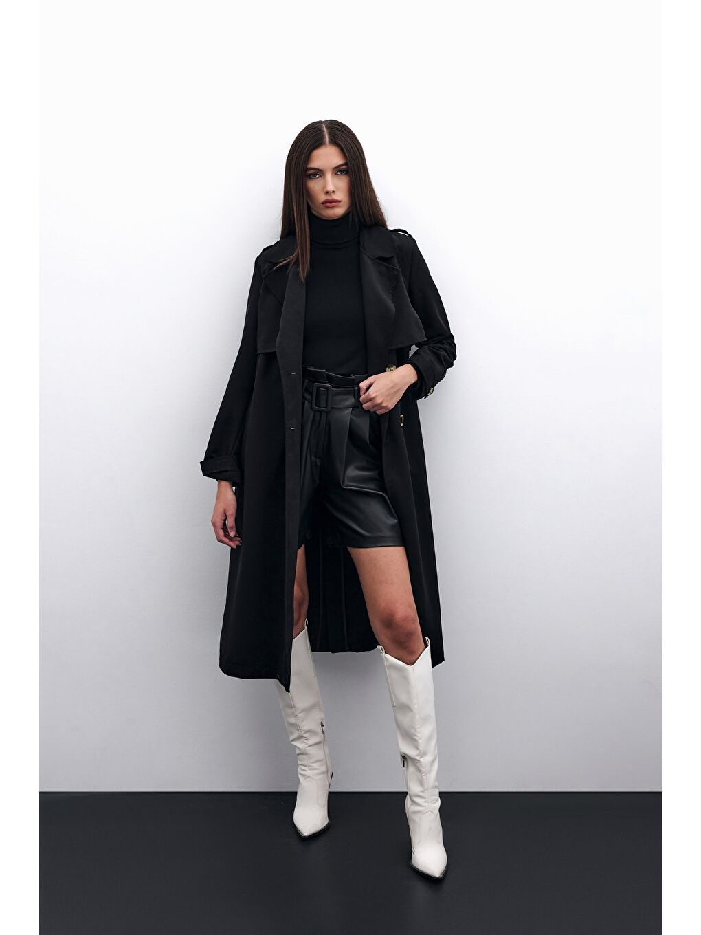 Kemerli Uzun Trençkot - Siyah-4