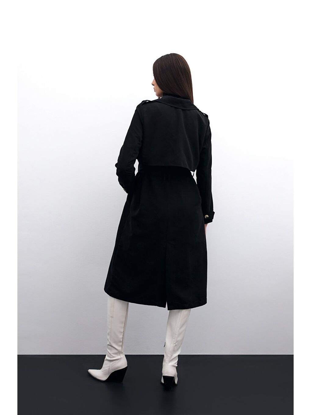 Kemerli Uzun Trençkot - Siyah-5