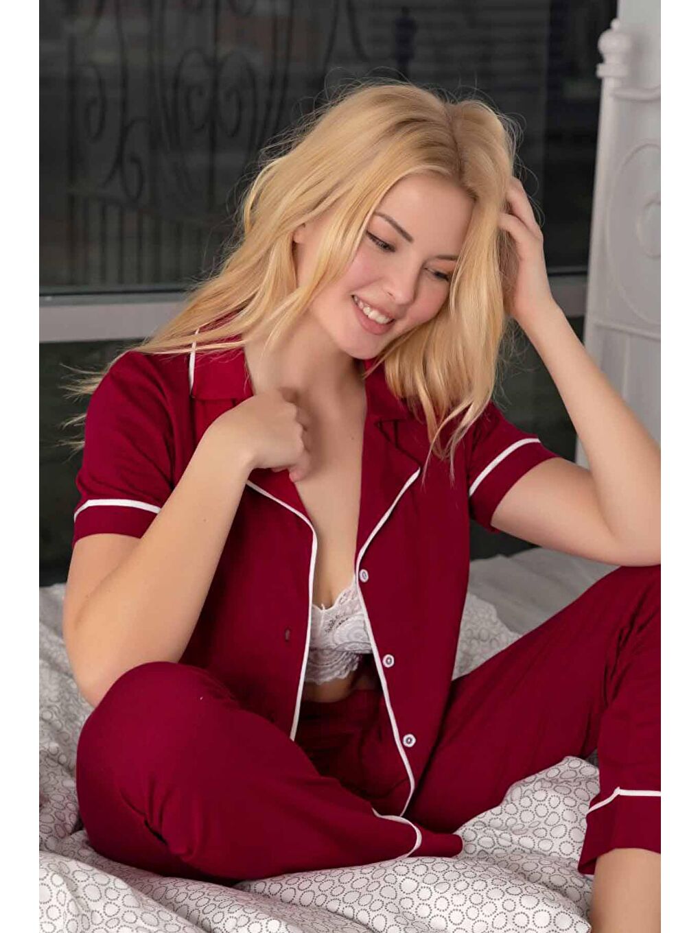 Bordo Kısa Kollu Pamuklu Düğmeli Biyeli Pijama Takım-1
