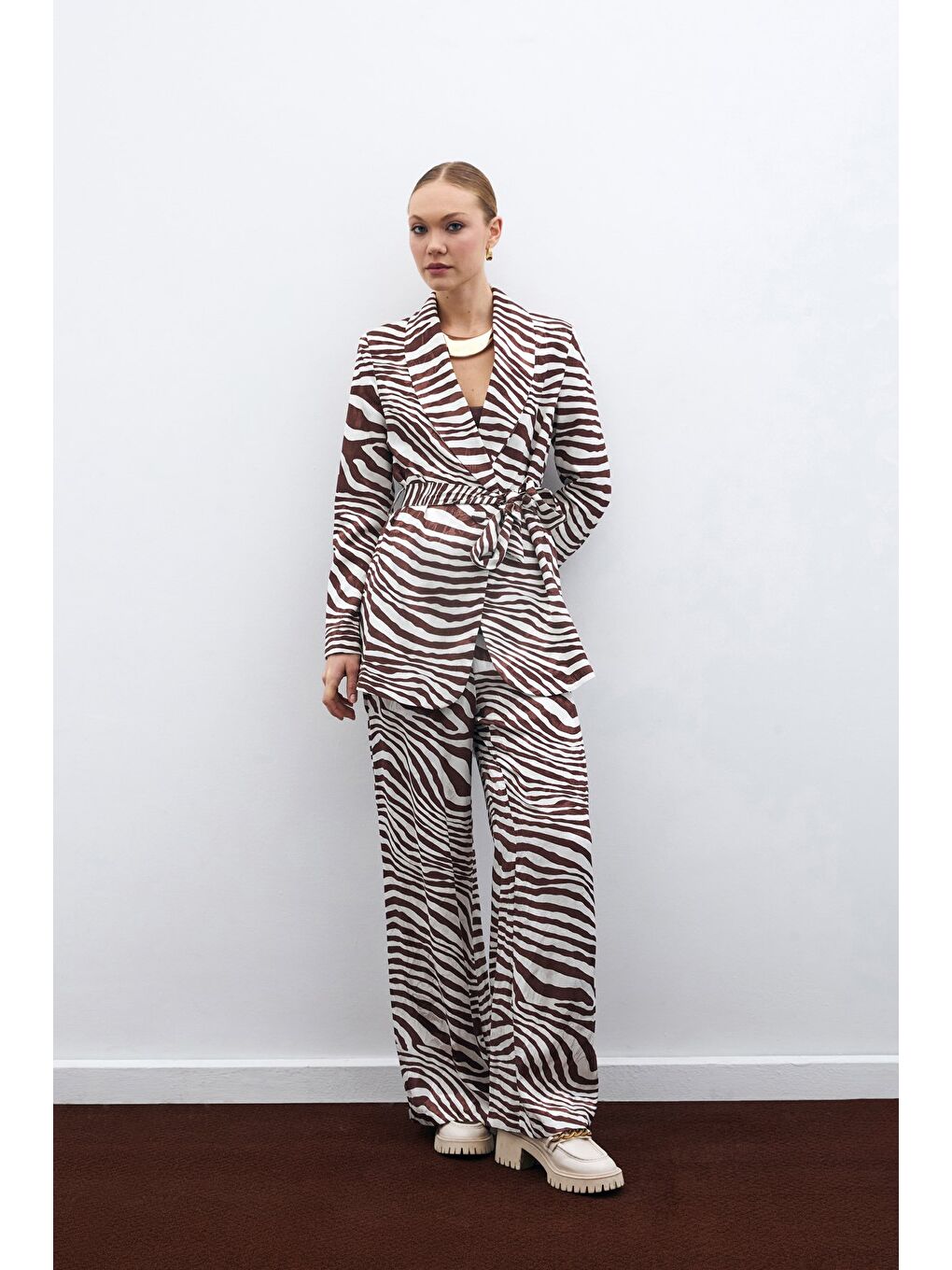 Kahverengi Salaş Zebra Desen Pantolon - Kahve-5