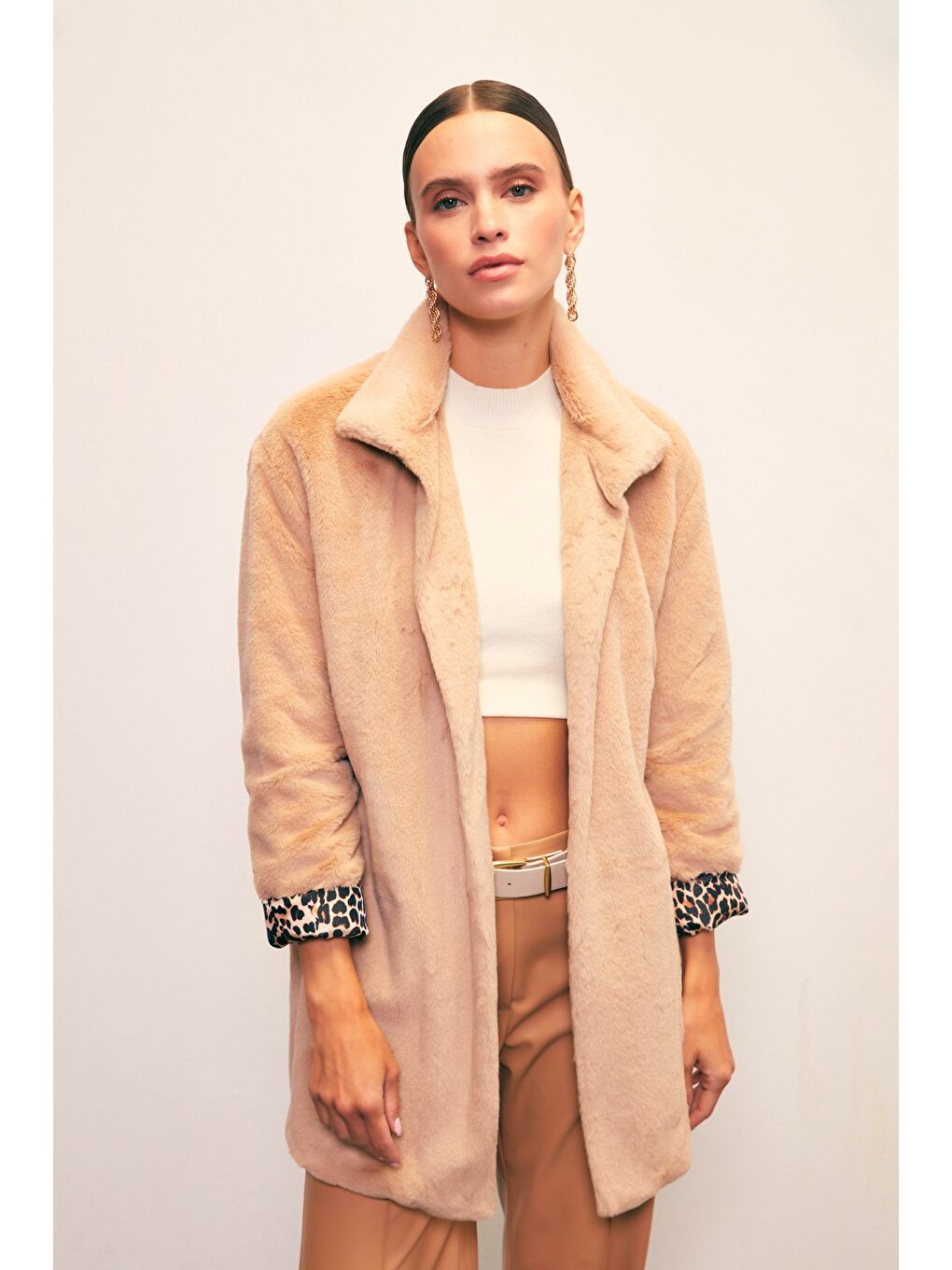 Bej Leopar Astarlı Pelüş Kaban - Vizon