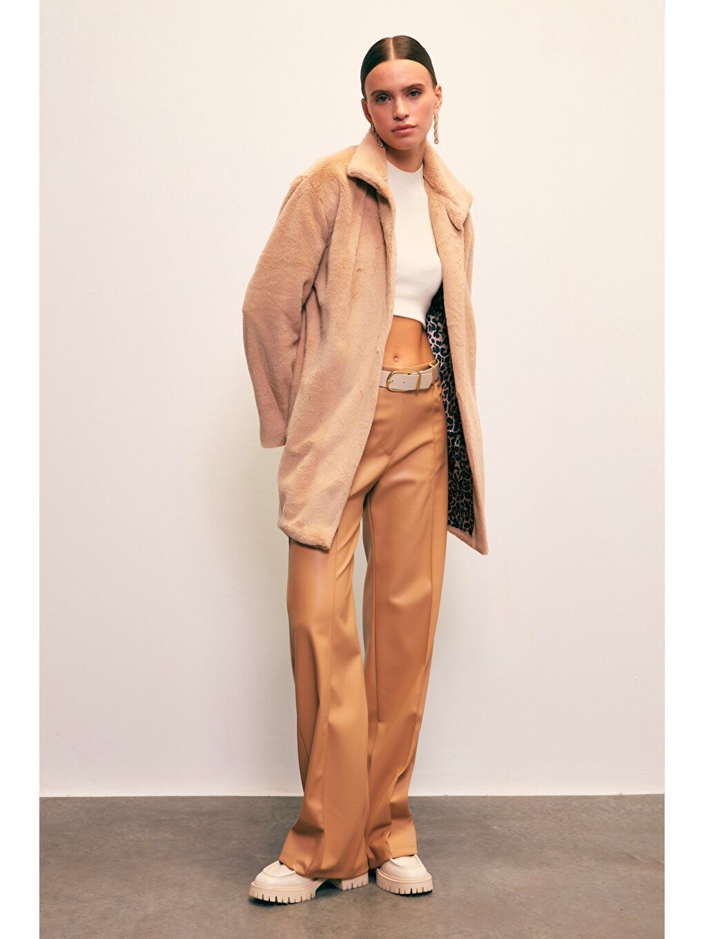 Bej Leopar Astarlı Pelüş Kaban - Vizon-1