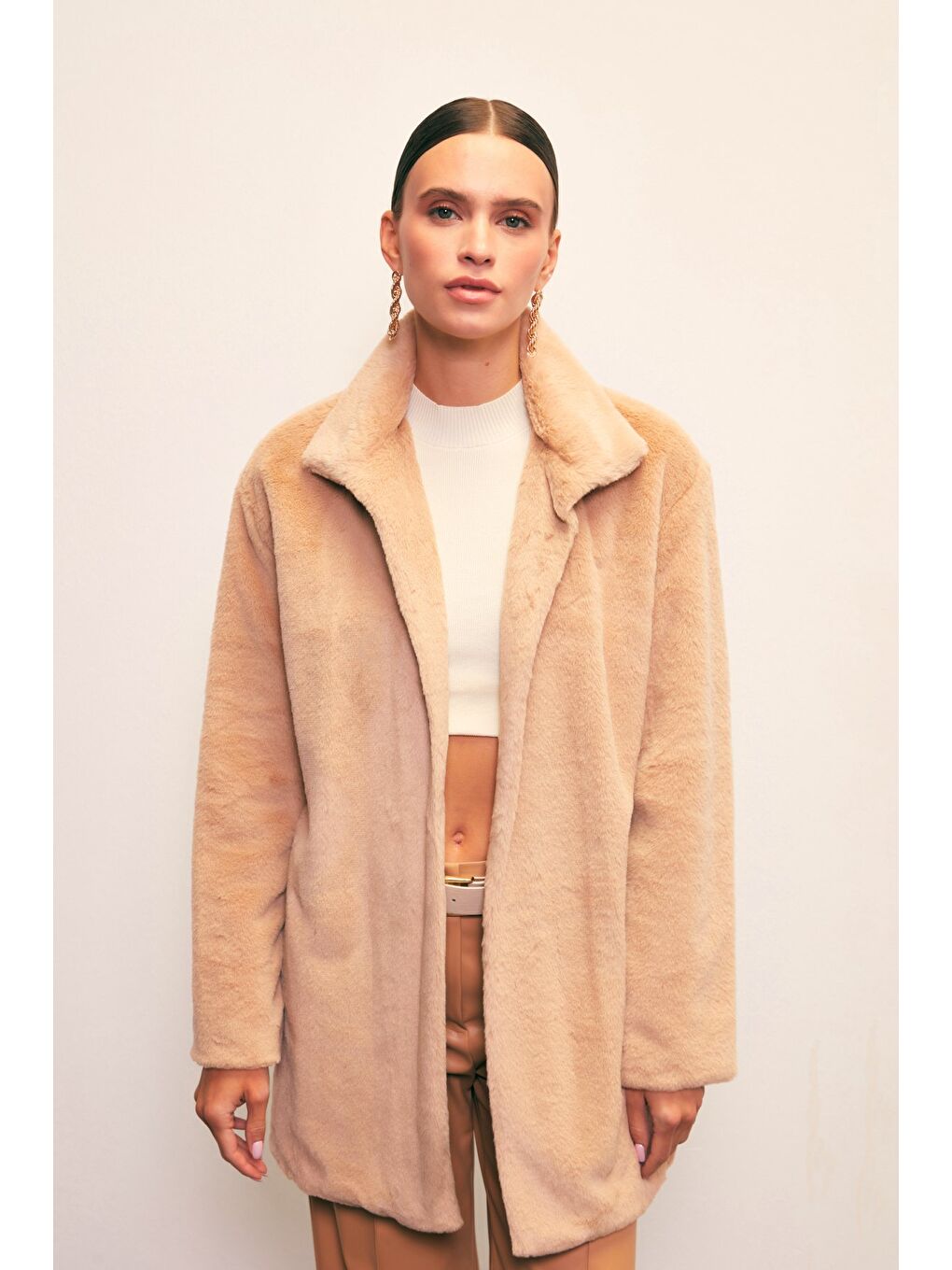 Bej Leopar Astarlı Pelüş Kaban - Vizon-3