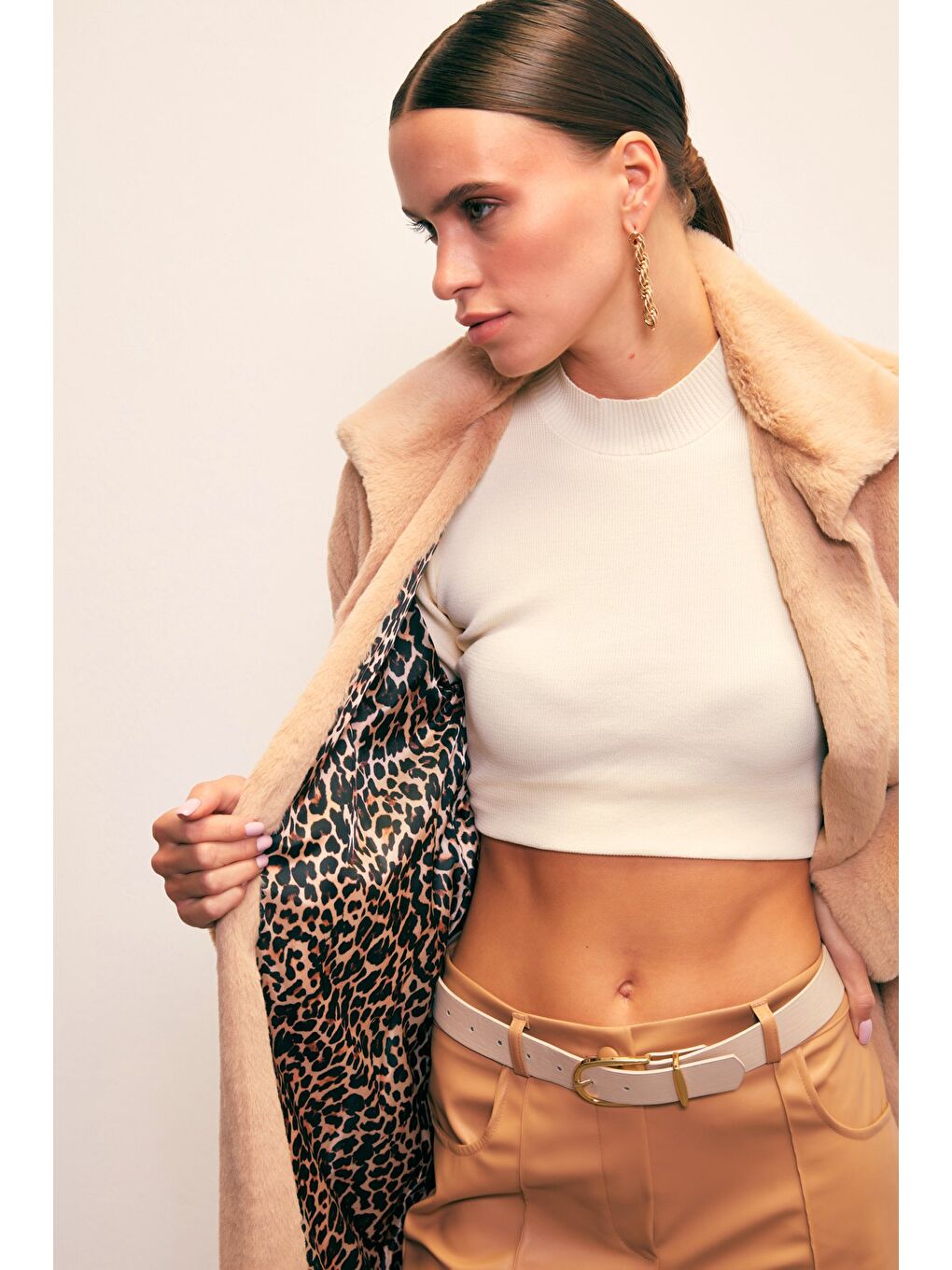 Bej Leopar Astarlı Pelüş Kaban - Vizon-4