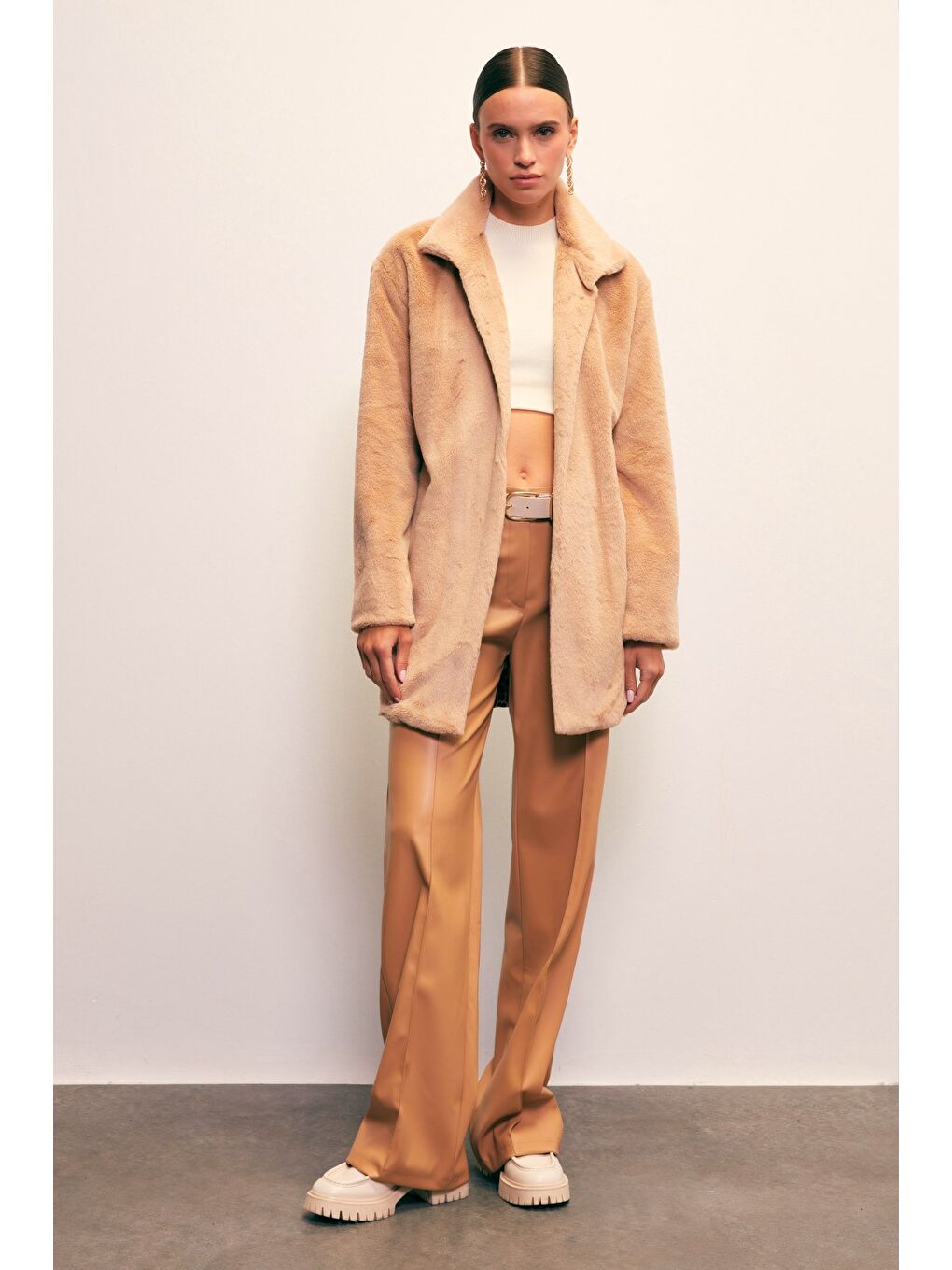 Bej Leopar Astarlı Pelüş Kaban - Vizon-5