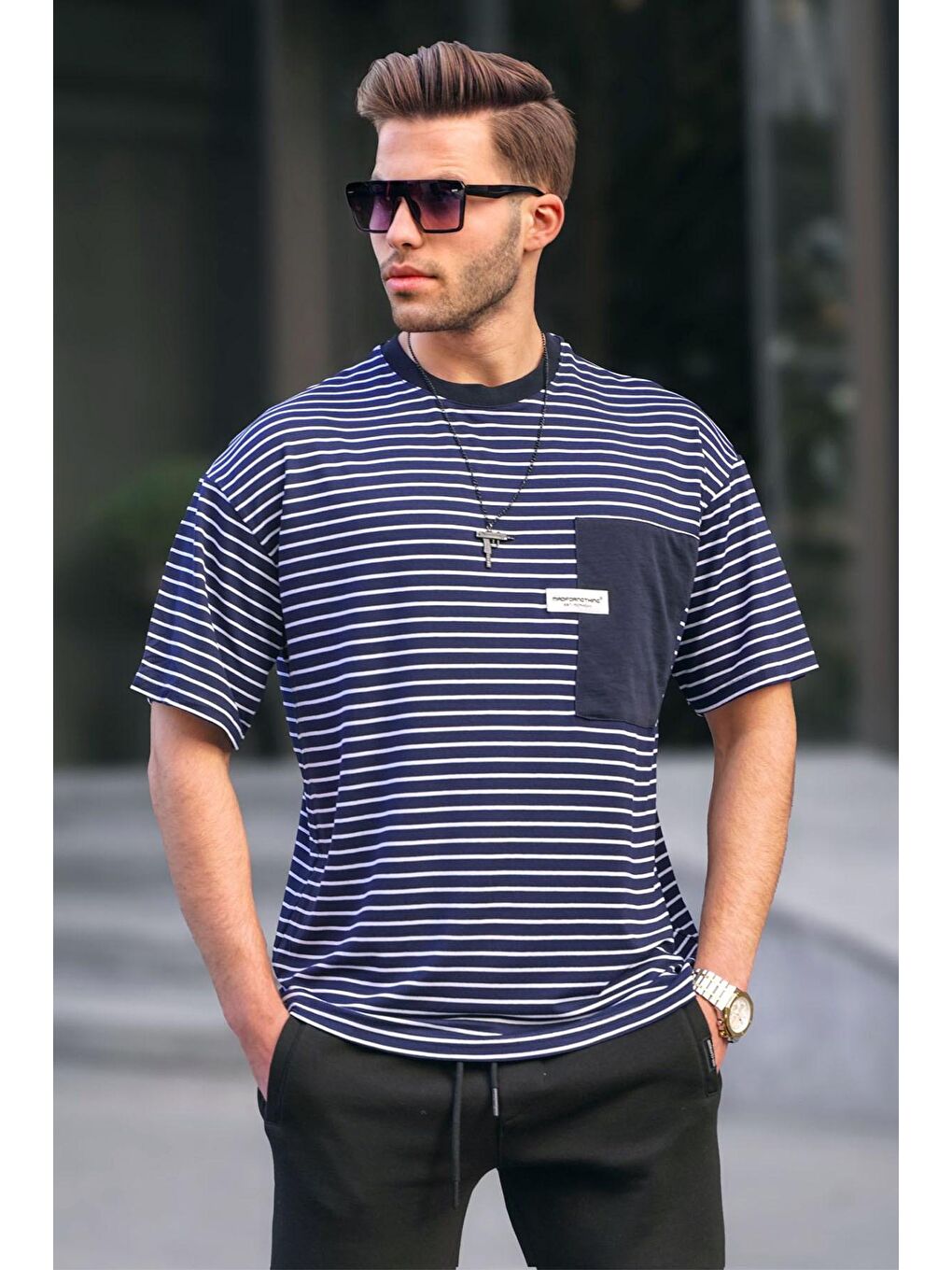 Lacivert Çizgili Yamalı Erkek Tişört 6085