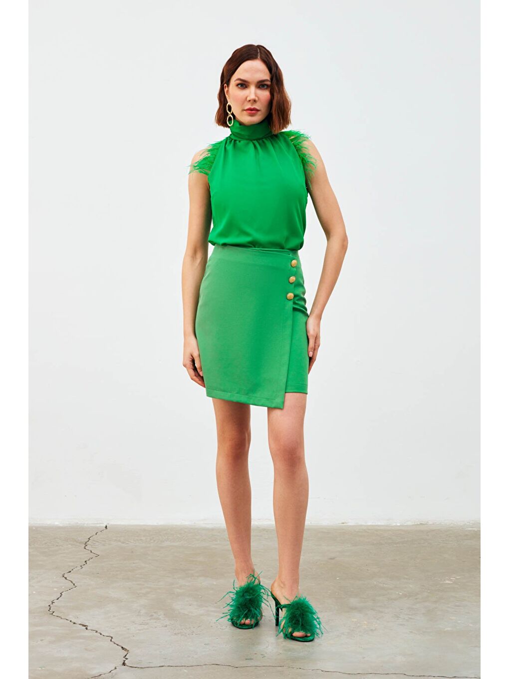 Kruvaze Düğme Detaylı Etek - K.Yeşil-1