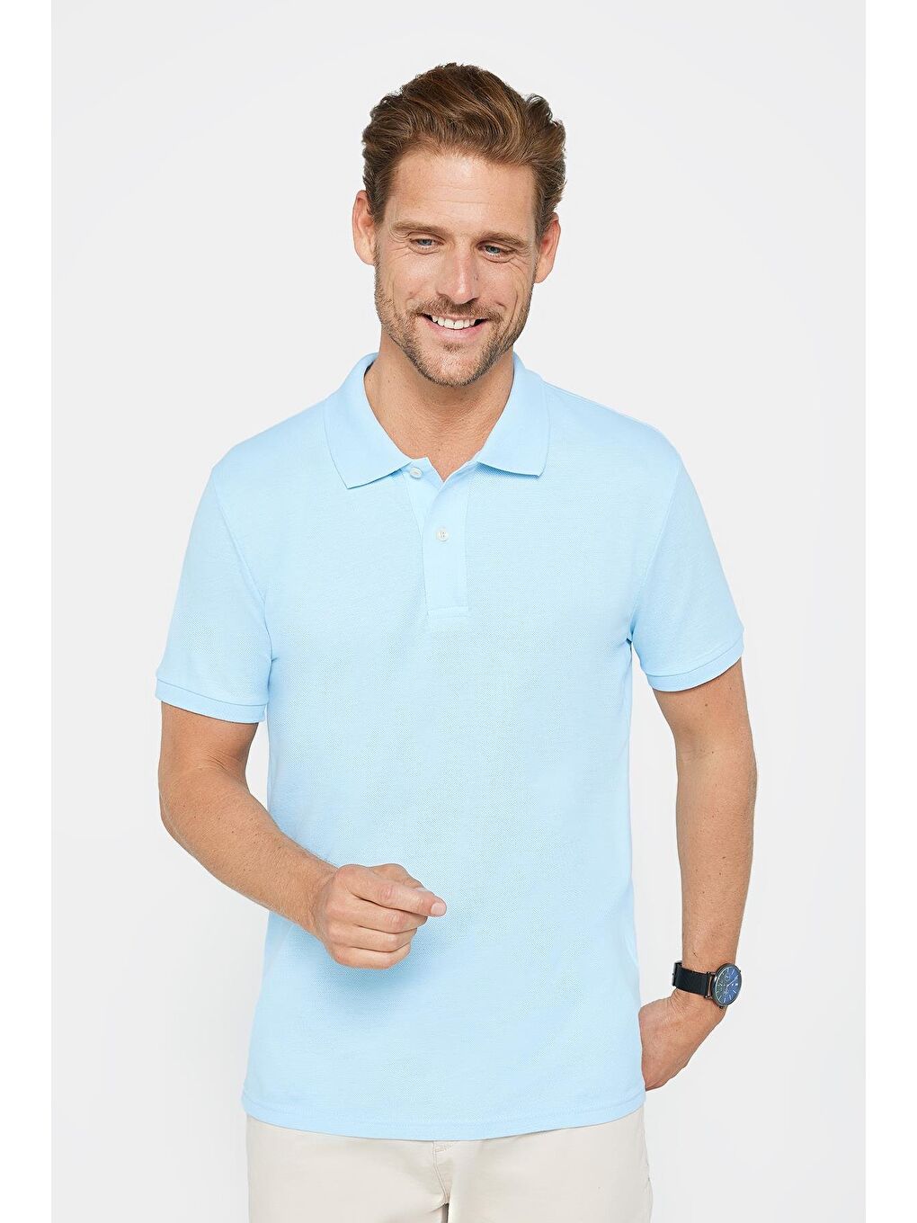 Erkek Slim Fit Dar Kesim %100 Pamuk Düz Pike Mavi Polo Yaka Tişört