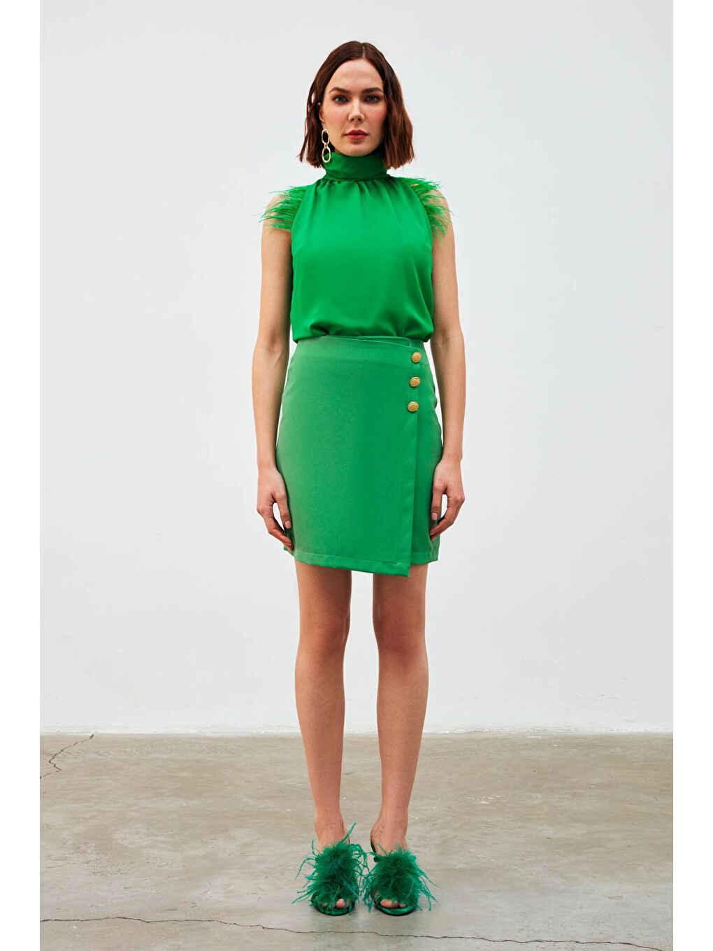 Kruvaze Düğme Detaylı Etek - K.Yeşil-2
