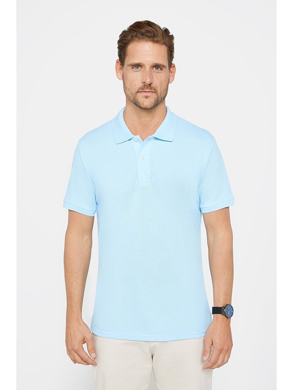 Erkek Slim Fit Dar Kesim %100 Pamuk Düz Pike Mavi Polo Yaka Tişört-1