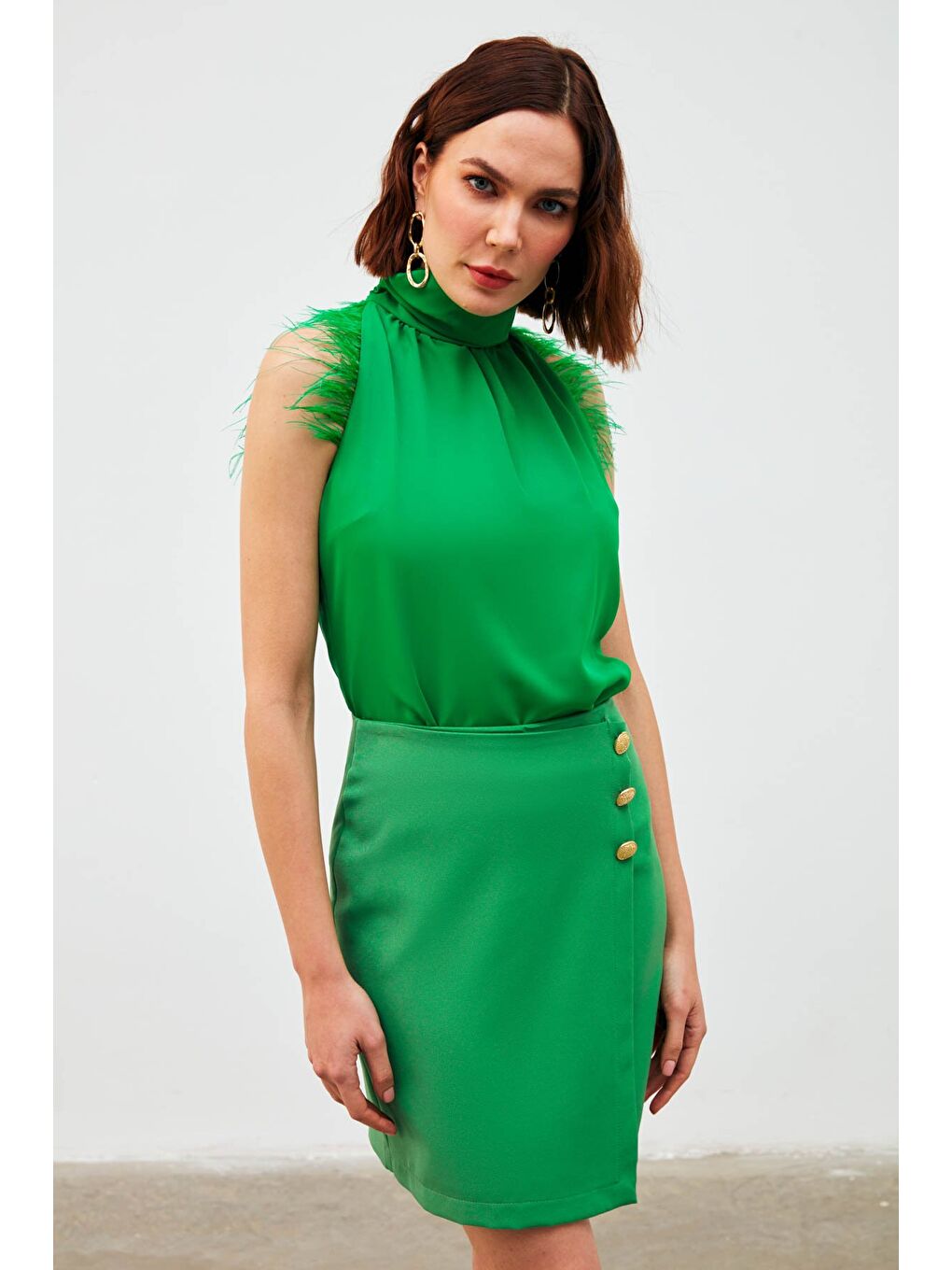 Kruvaze Düğme Detaylı Etek - K.Yeşil-3