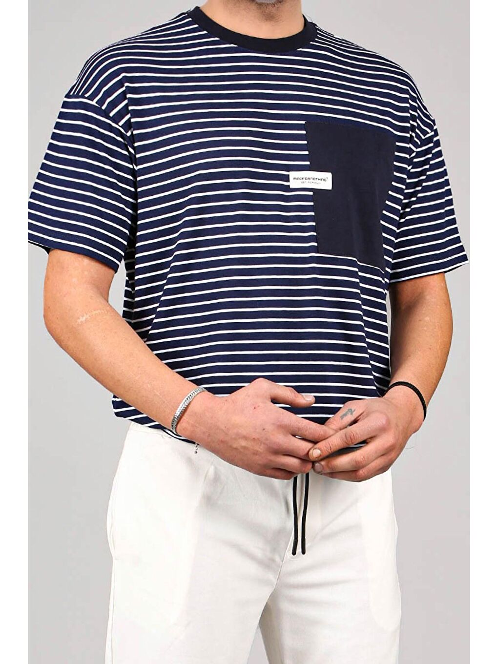 Lacivert Çizgili Yamalı Erkek Tişört 6085-1