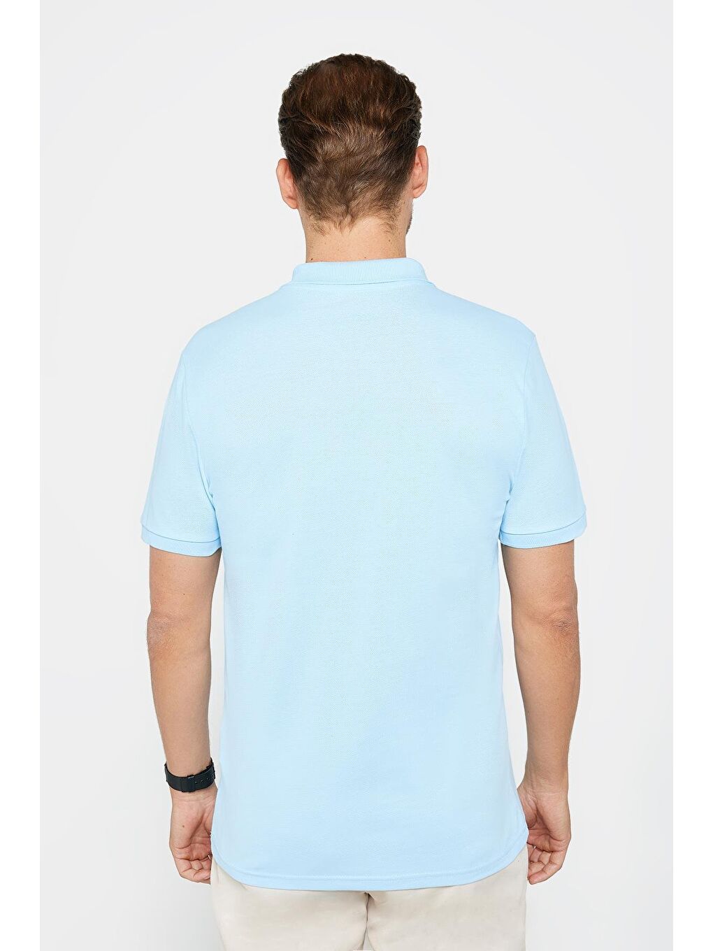 Erkek Slim Fit Dar Kesim %100 Pamuk Düz Pike Mavi Polo Yaka Tişört-4