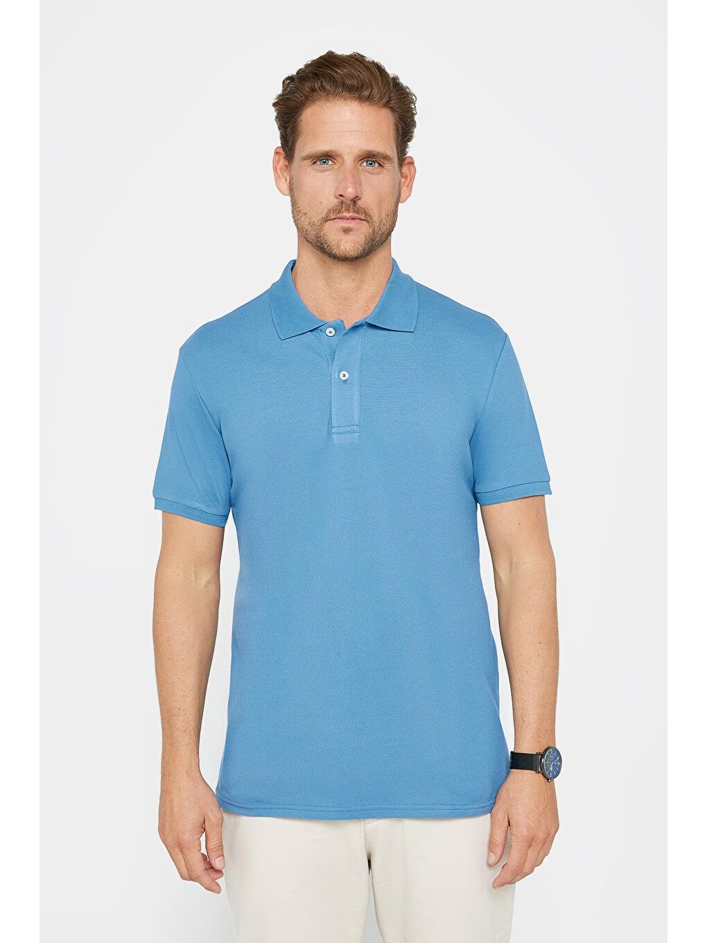 Erkek Slim Fit Dar Kesim %100 Pamuk Düz Pike İndigo Polo Yaka Tişört-1