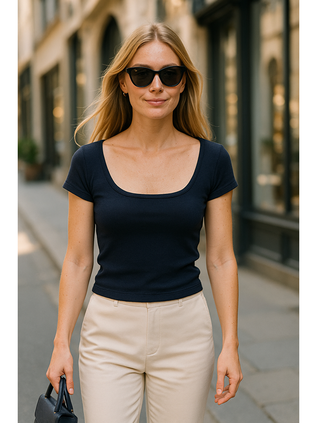 Lacivert Geniş Yaka Kadın Tişört Mg2341