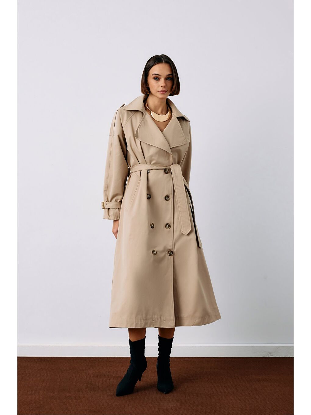 Kuşaklı Uzun Trenç - Bej