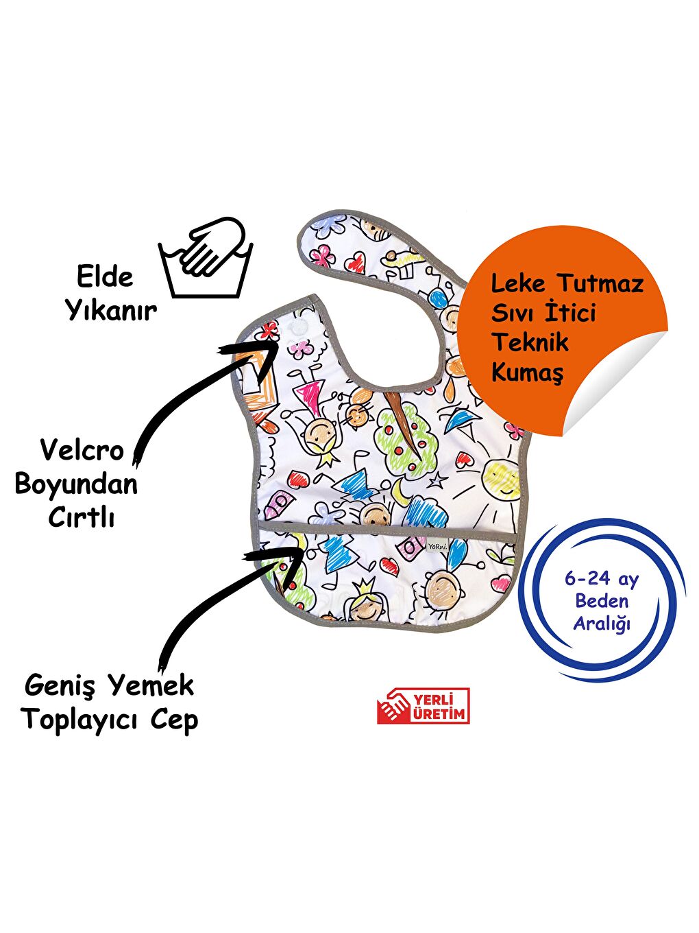 Yorni 6-24ay Family Boyundan Cırtlı, Sıvı Geçirmez, Makinede Yıkanabilir, Ekoteks, Cepli Bebek Mama Önlüğü - 2