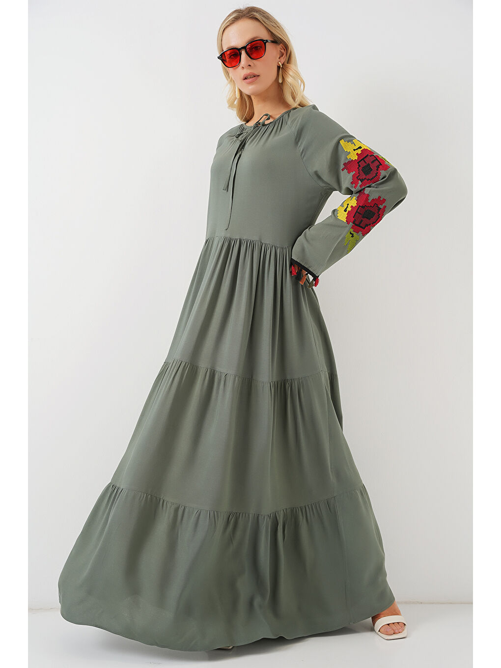 Nakışlı Uzun Elbise 2534 - Haki-1