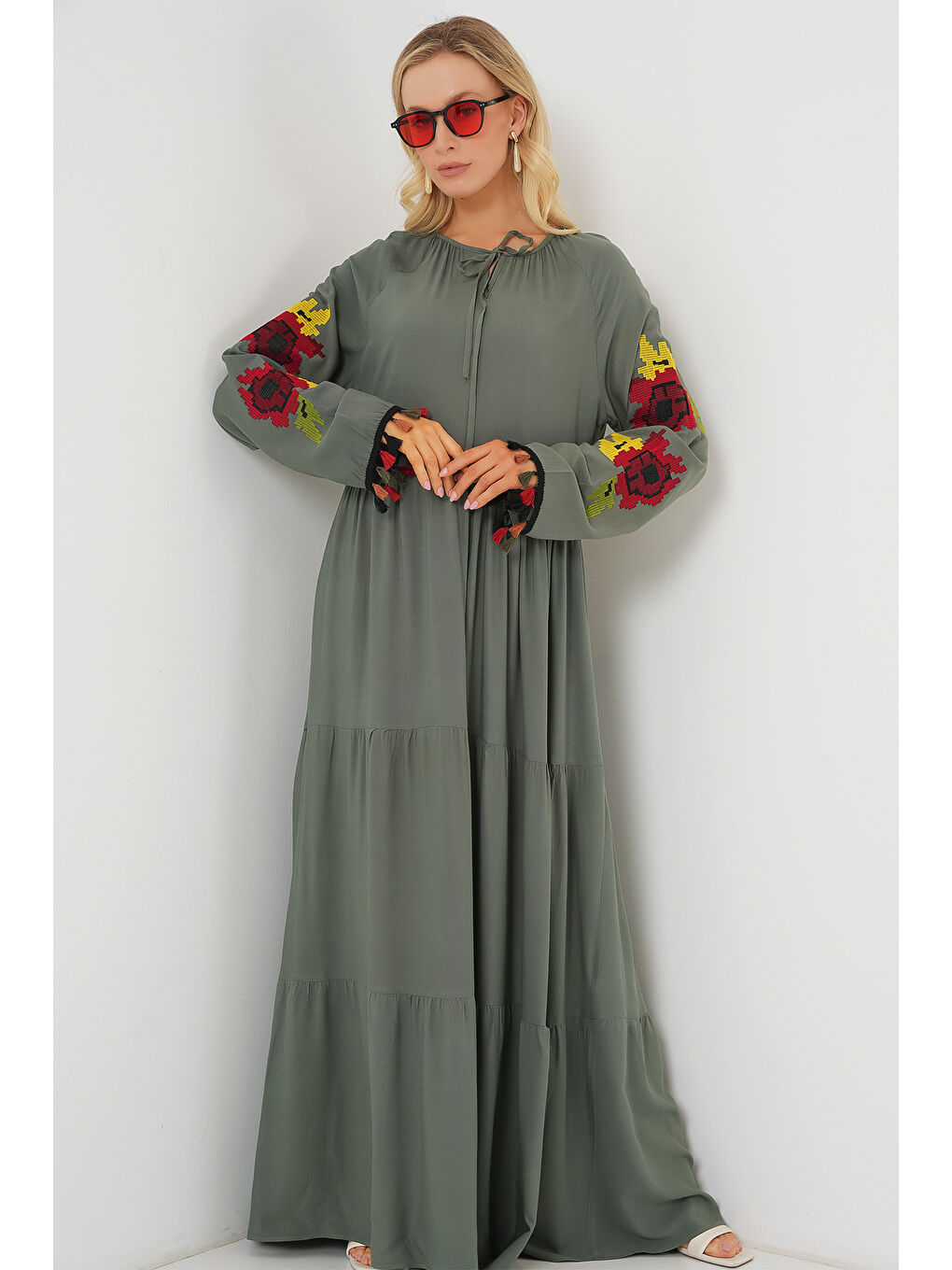 Nakışlı Uzun Elbise 2534 - Haki-2