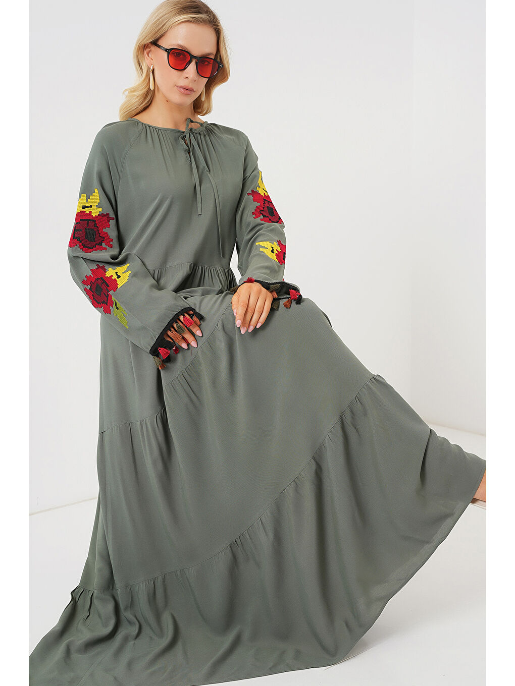 Nakışlı Uzun Elbise 2534 - Haki-3