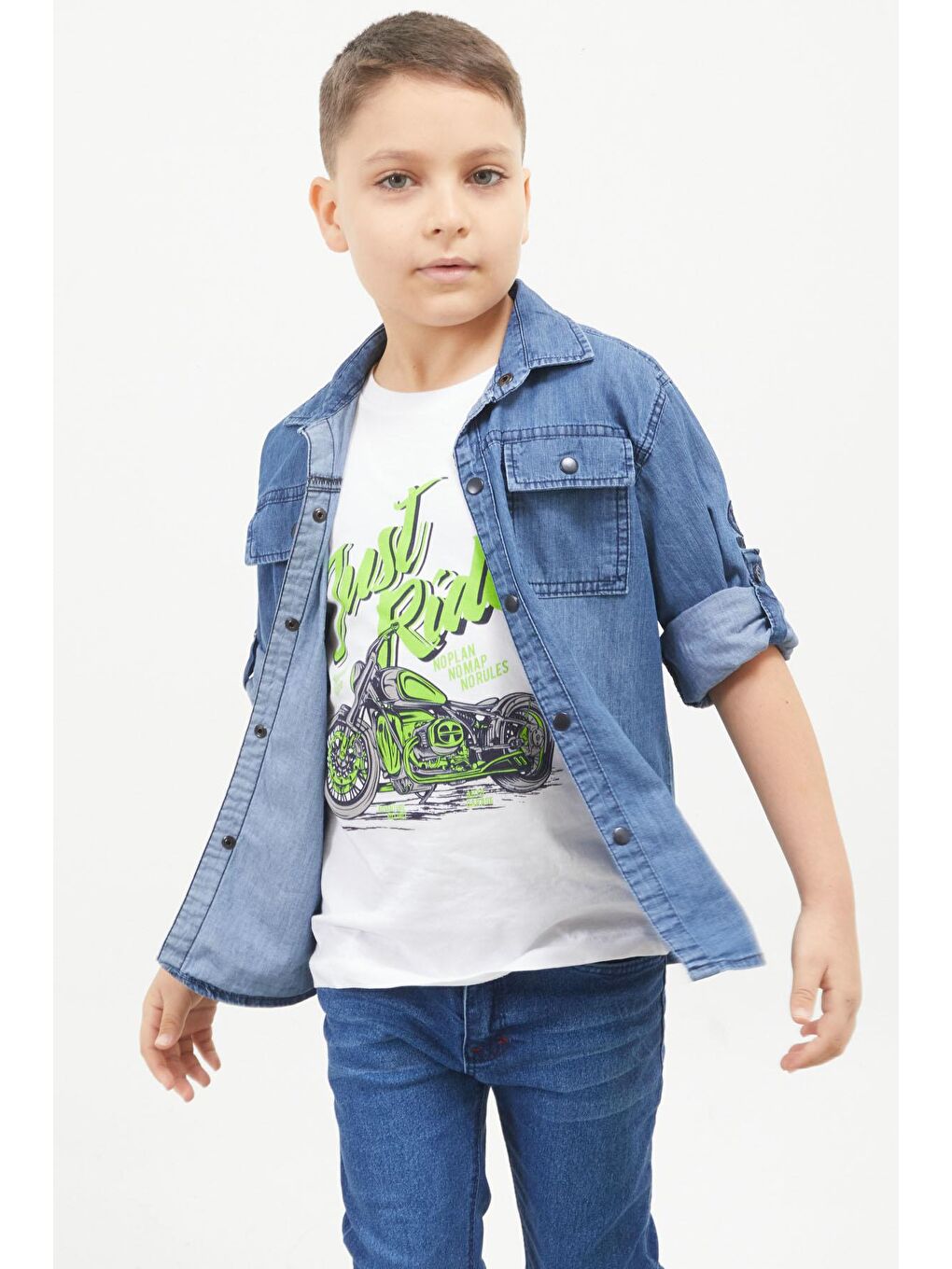 Wikiland Yeşil Ride Baskılı Jean Gömlekli T-shirt Erkek Çocuk 2li Takım 17568