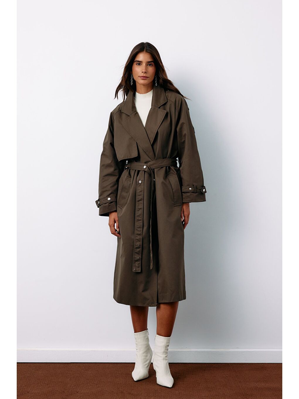 Kuşaklı Uzun Trençkot - Haki