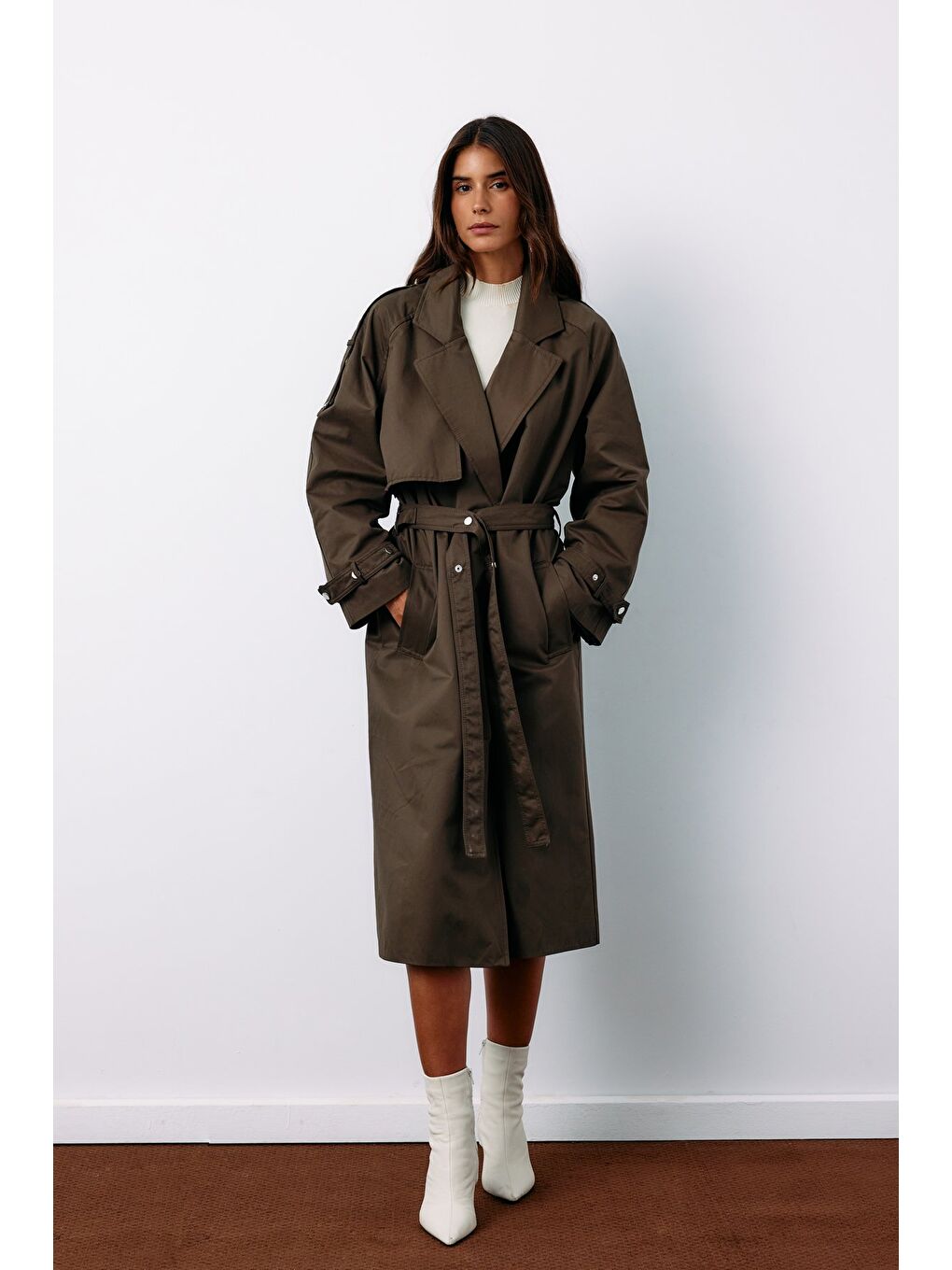 Kuşaklı Uzun Trençkot - Haki-1